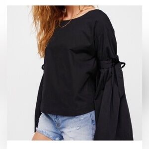 Free People Black Blouse with Tie Sleeves
